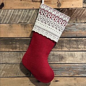 Red Burlap Christmas Stocking Lace Cuff